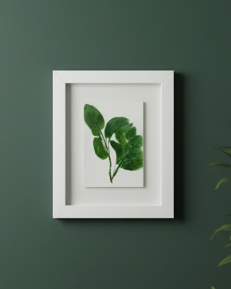 The Dill – Original Ceramic Wall Art, inspired by Irish design and featuring green leaves, is displayed in a white frame on a dark green wall with part of a leafy plant visible in the lower right corner.