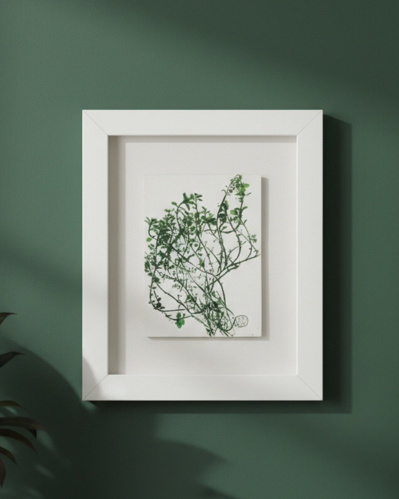 The Dill – Original Ceramic Wall Art, inspired by Irish botanical designs, features green leafy branches in simple linework. Displayed with a wide white mat and frame on a dark green wall, the piece interacts beautifully with light and shadow.