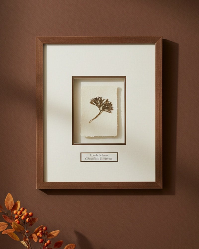 The "Dill – Original Ceramic Wall Art" is inspired by Irish art, featuring a ceramic dill motif on white, set in a brown frame. A label reads “Herb. Musa, Anethum graveolens.” Autumn leaves and berries accent the display.