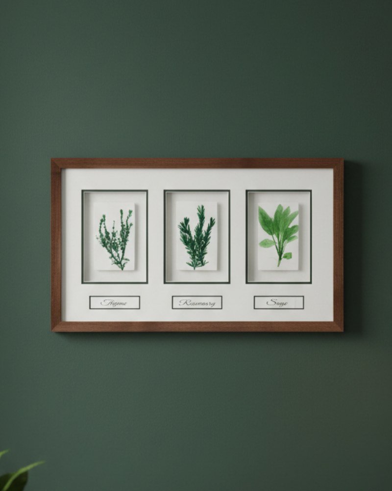 A ceramic wall art piece titled "Native Irish Fern Leaf" features an original design and is displayed with a wooden frame on a dark green wall.