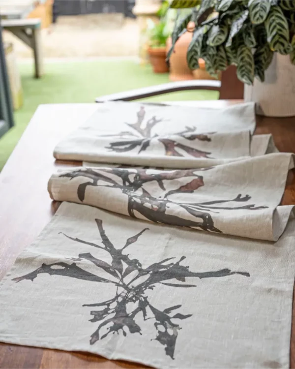 Brown Dulse Seaweed Table Runner by Nicola Weldon - Coastal linen table runner with seaweed design