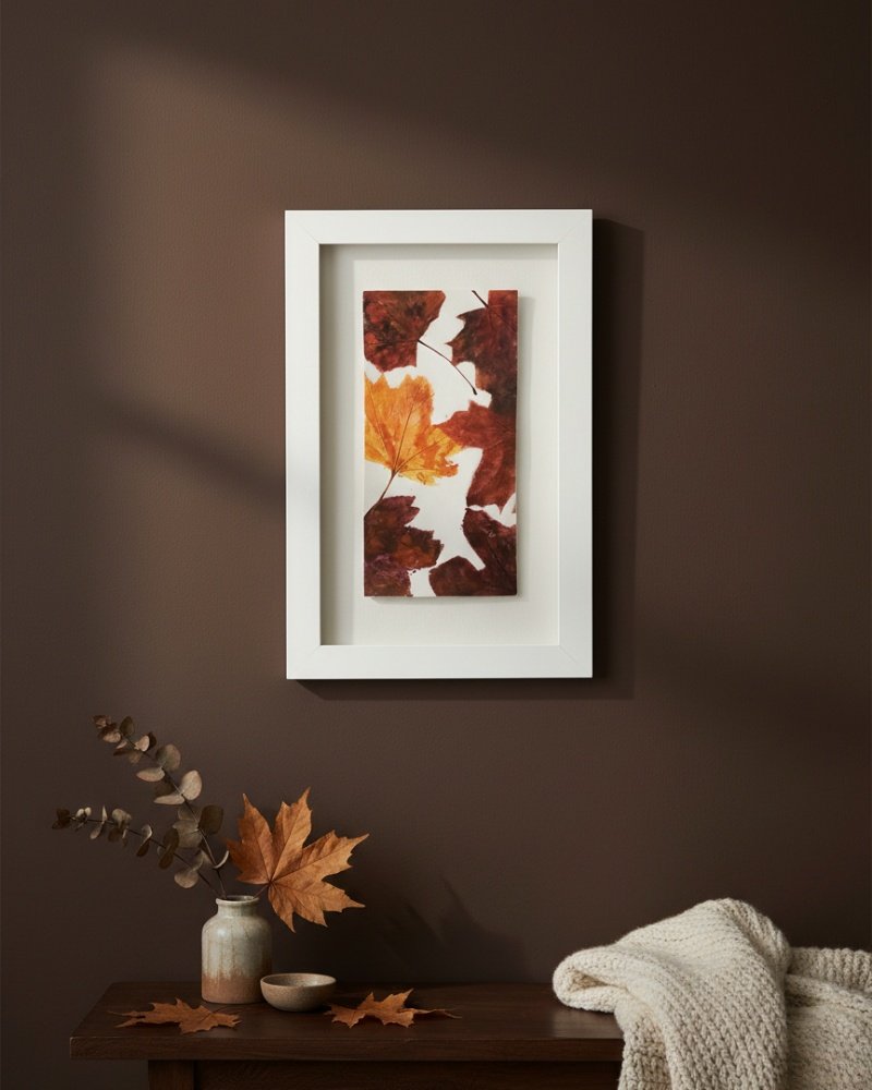 The Dill – Original Ceramic Wall Art hangs on a brown wall above a wooden table with a vase of dried leaves and a folded cream blanket. Warm, soft lighting enhances the cozy, autumn-inspired atmosphere.