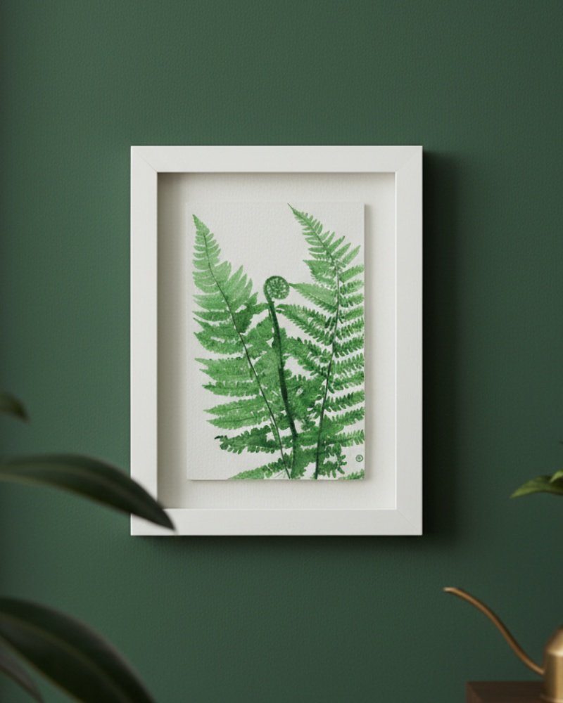 A Large Colourful Meadow Mix – Fine Art Print in a white frame hangs on a green wall, with blurred plant leaves and a gold object visible in the foreground.