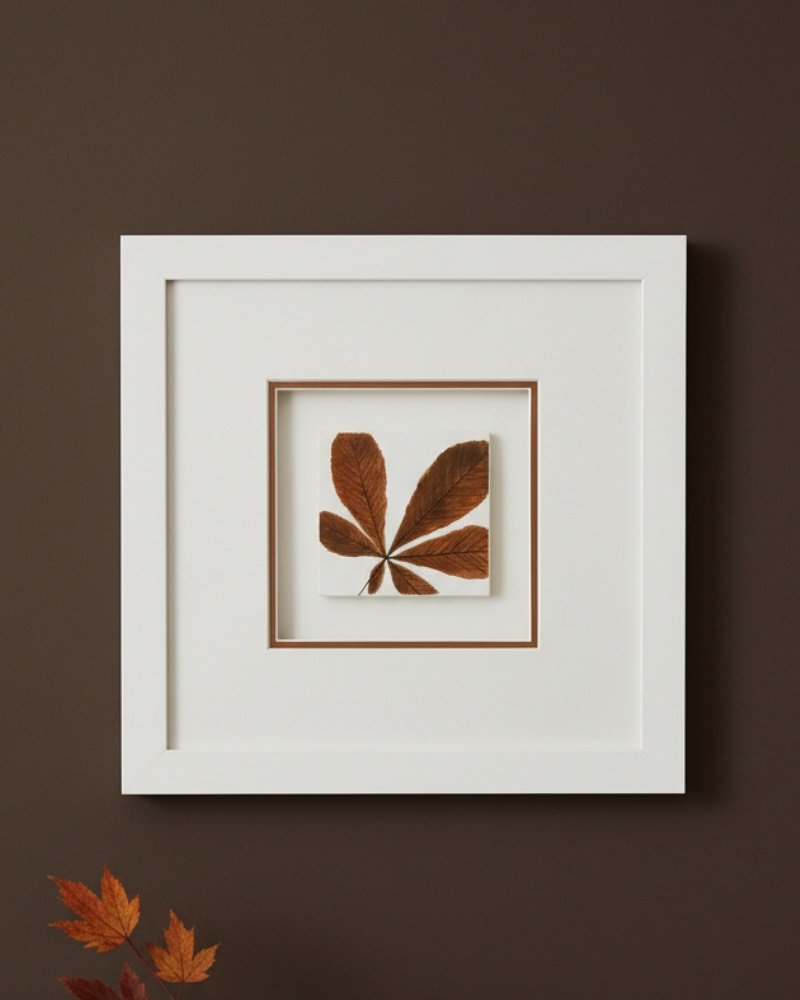 The "Large Colourful Meadow Mix – Fine Art Print" is displayed in a white square frame on a dark brown wall, featuring pressed brown leaves arranged in a fan shape against a white background, with autumn leaves visible in the lower left corner.