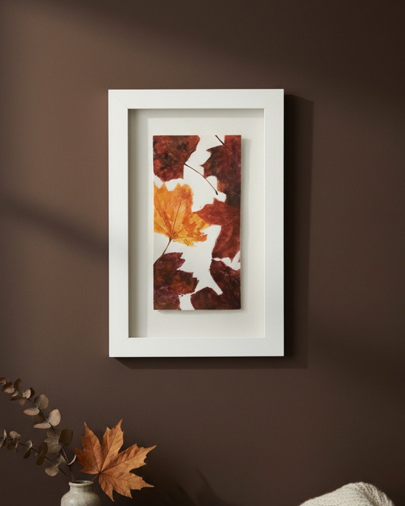 The Dill – Original Ceramic Wall Art, inspired by Irish design, features brown and yellow tones and hangs on a brown wall. A vase with dried foliage is partially seen in the lower left corner.