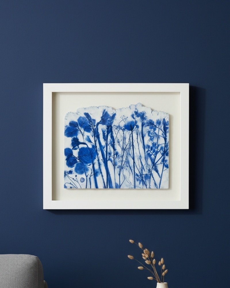 Wild Meadow Mix (Medium), a framed artwork by an Irish artist with blue botanical silhouettes on white paper, is displayed on a dark blue wall above a gray couch and a small vase of dried grass.