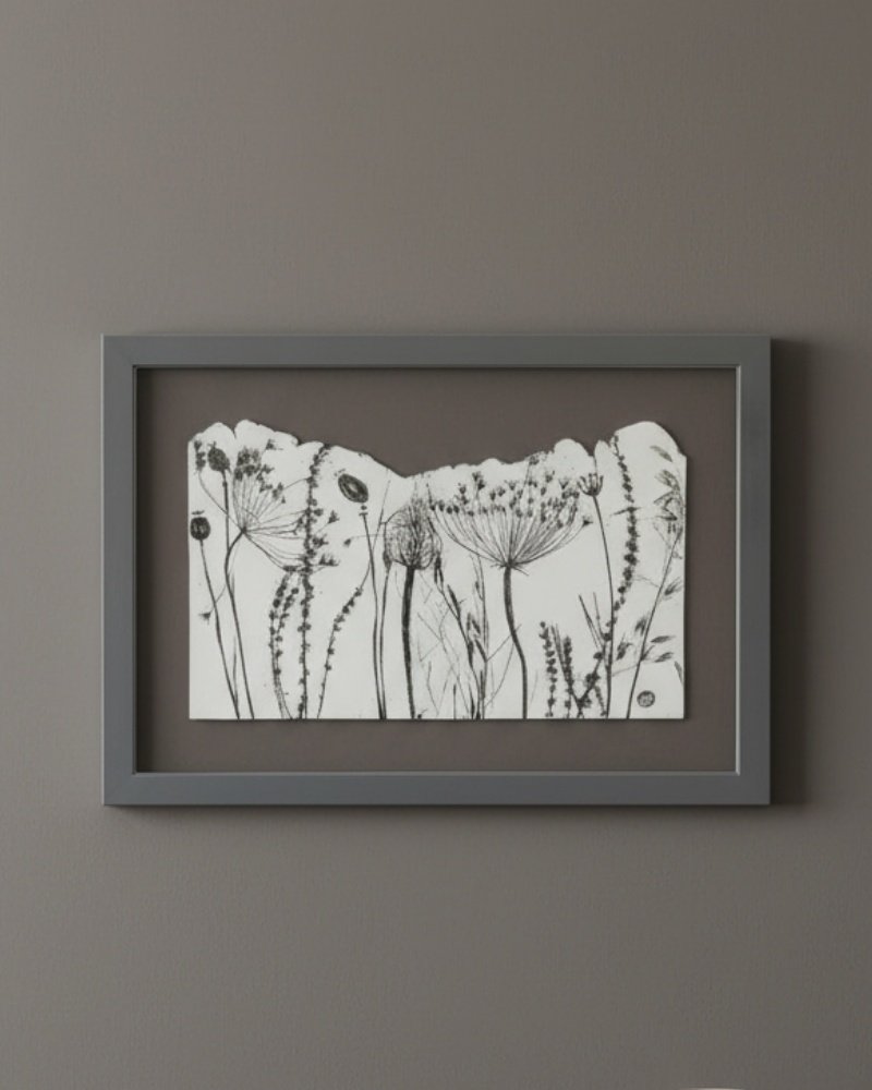 The "Wild Meadow Mix (Medium)" is a framed artwork featuring delicate black line drawings of wildflowers and plants on a white background, created by an Irish artist and displayed against a gray wall.