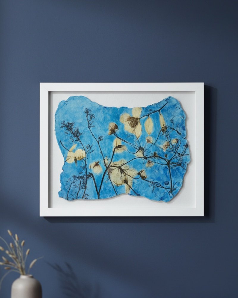 The "Wild Meadow Mix (Medium)"—a framed artwork by an Irish artist featuring a blue background, delicate yellow flowers, and black stems—hangs on a dark blue wall. A beige vase with dried stems is placed in the lower left corner.