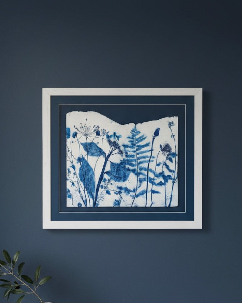 The Rosemary – Original Ceramic Wall Art showcases blue botanical silhouettes inspired by Irish art, framed and displayed on a dark blue wall with green plant leaves visible in the lower left corner.