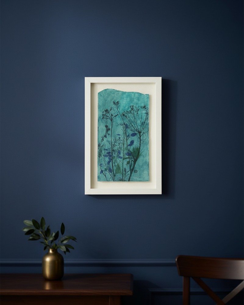 The Rosemary – Original Ceramic Wall Art, inspired by Irish design in blue and green tones, hangs on a dark blue wall above a wooden table with a gold vase of green foliage and part of a wooden chair visible.