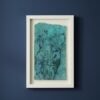 Rosemary – Original Ceramic Wall Art: A framed Irish artwork with botanical silhouettes in blue and dark green, featuring rough edges and delicate plants, displayed on a dark blue wall.