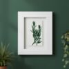 The "Rosemary – Original Ceramic Wall Art," inspired by Irish botanical design, is displayed on a dark green wall. Potted plants nearby enhance the space's natural decor.