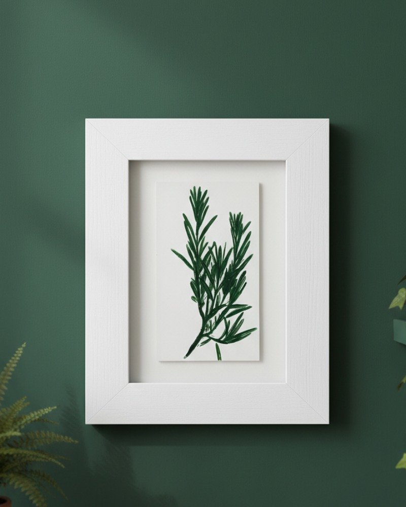 Rosemary – Original Ceramic Wall Art features a botanical design of green leaves on white ceramic, set in a wide white frame against a dark green wall. Inspired by Irish art, it adds modern elegance with partially visible leaves in the corners.