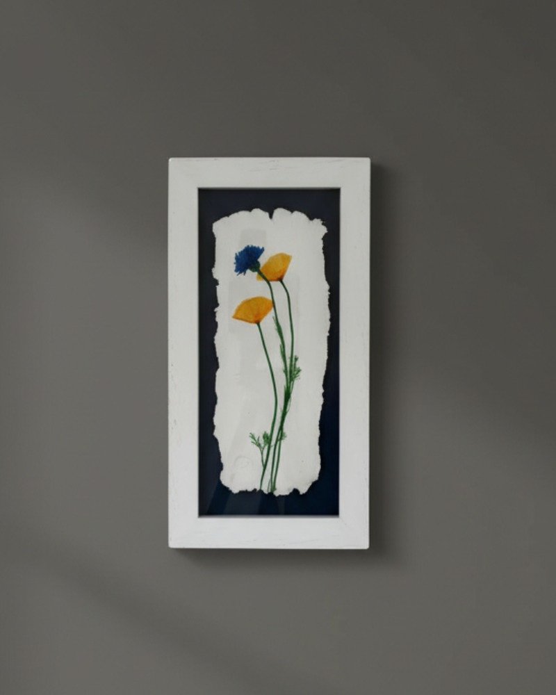 Rosemary – Original Ceramic Wall Art: Framed Irish piece with two yellow and one blue flower on white textured paper, set against a dark backdrop, displayed on a plain gray wall.
