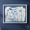 Rosemary – Original Ceramic Wall Art features blue silhouettes of wildflowers and grasses on torn-edged white ceramic, set against a deep blue wall, with a small bundle of dried flowers in the bottom right corner.