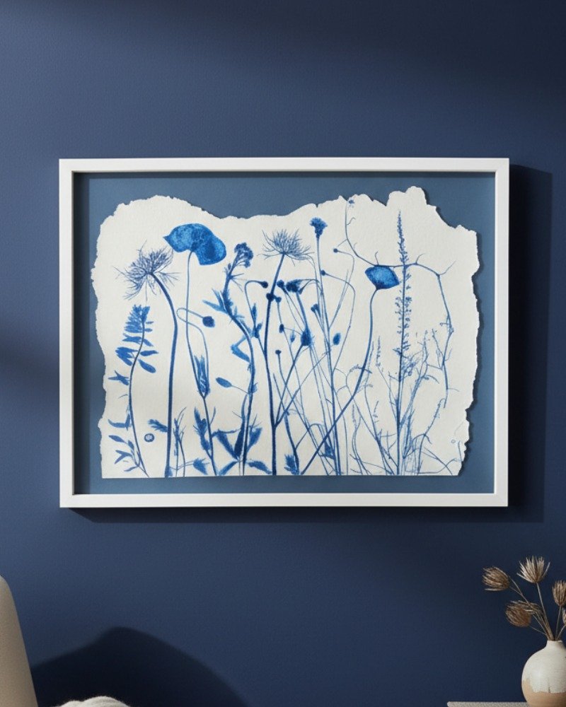 Rosemary – Original Ceramic Wall Art features blue silhouettes of wildflowers and grasses on torn-edged white ceramic, set against a deep blue wall, with a small bundle of dried flowers in the bottom right corner.
