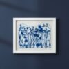The "Rosemary – Original Ceramic Wall Art" features blue botanical silhouettes on white ceramic, inspired by Irish art, and displays elegantly on a dark blue wall.