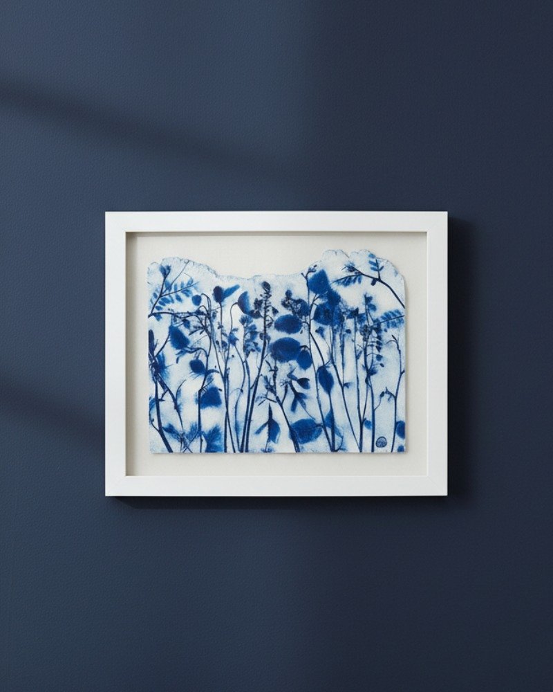 The "Rosemary – Original Ceramic Wall Art" features blue botanical silhouettes on white ceramic, inspired by Irish art, and displays elegantly on a dark blue wall.