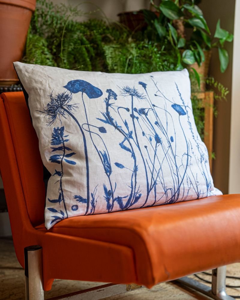 Blue Structural Meadow Mix Pillow by Nicola Weldon - Botanical home decor pillow in blue tones