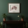 A dark wooden table with two Tall Wild Meadow Mix potted plants, a small gold lamp, and a framed botanical print of red seaweed inspired by Irish art on a dark green wall.