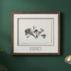 The "Tall Wild Meadow Mix" framed botanical print, inspired by Irish art, is displayed on a dark green wall with a brown wood frame, white mat, and small label. A plant and gold lamp are partially visible at the edges.