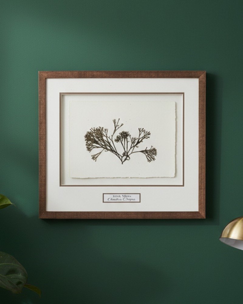The "Tall Wild Meadow Mix" framed botanical print, inspired by Irish art, is displayed on a dark green wall with a brown wood frame, white mat, and small label. A plant and gold lamp are partially visible at the edges.