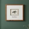 The "Tall Wild Meadow Mix" botanical print, framed in brown wood, hangs on a green wall. It features a black plant illustration with a label beneath, while green foliage appears in the lower right corner, highlighting Irish artistry.