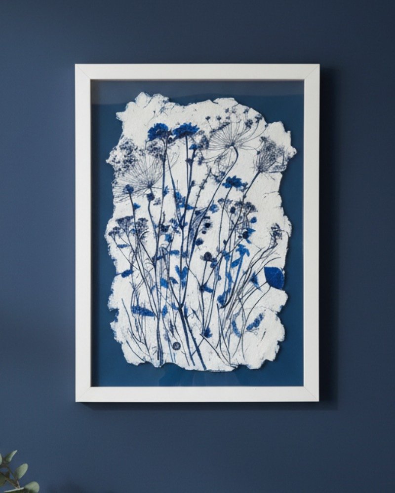 A framed "Tall Wild Meadow Mix" artwork hangs on a dark blue wall, showcasing delicate blue and black botanical prints on textured white paper with uneven edges—a refined piece of Irish art.
