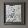 A Fine Art Print titled "Serrated Wrack / Fucus Serratus" features delicate black and white botanical illustrations of wildflowers and ferns on torn-edged white paper, beautifully framed on a gray wall.