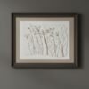 A framed Fine Art Print titled "Serrated Wrack / Fucus Serratus," showcasing delicate brown sketches of wildflowers and stems on white paper, elegantly displayed on a gray wall.